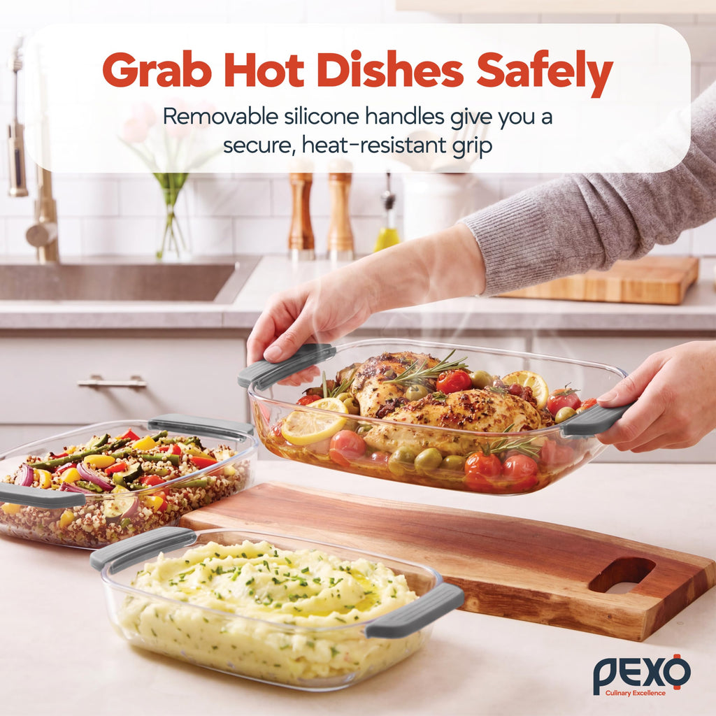 6-Piece Deep Glass Baking Dishes with Lids, Clear Glass Bakeware with Silicone Handles, (2.11QT, 3QT, 4.12QT)