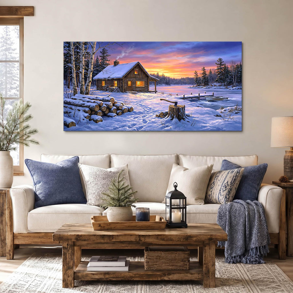 Blue Winter Cabin Wall Art Snow Landscape Canvas Print Framed Rustic Log House Pictures Sunset Lake Painting Bedroom
