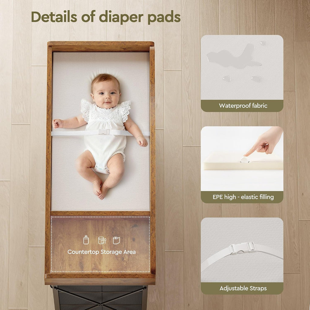 Baby Changing Table, 9 Fabric Boxes, Waterproof Pad, Mobile, Rustic Brown | Changing Table,Waterproof Diaper pad &