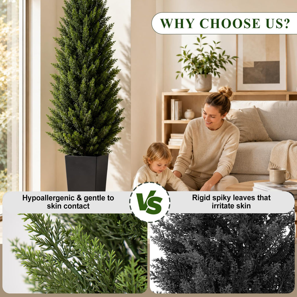 7FT Artificial Topiary Trees with Black Planter, Tall UV Resistant Fake Cedar Tree for Outdoor, Faux Shrubs Plants