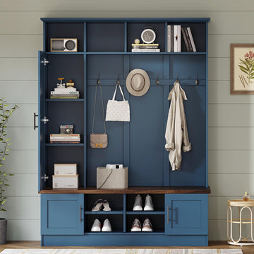 Farmhouse Versatile Wood Hall Tree 6 Hooks and Shoe Bench, Blue