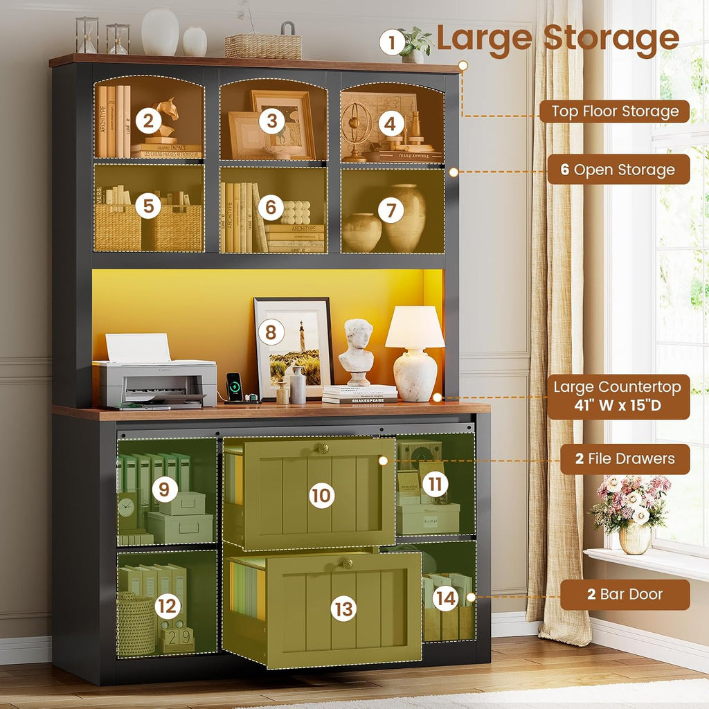 2 Drawer File Cabinet with Power Strip, 41" Farmhouse Filing Cabinet fits Legal, Letter, A4 Size Files , Printer