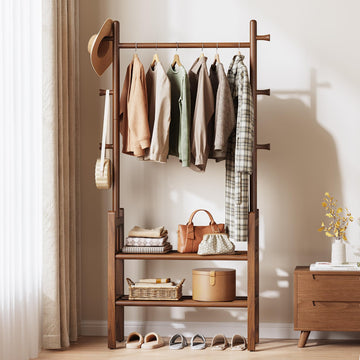 Solid Wood Clothing Rack with Shelves - Coat Rack Freestanding with 6 Hooks Load 450 Lbs, 3-in-1 Hall Tree for