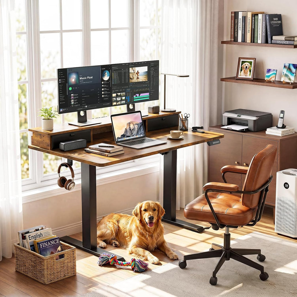 47x28 in Electric Standing Desk with Drawers, Adjustable Table, Brown | Stand up Computer Desk , Work & Study, with
