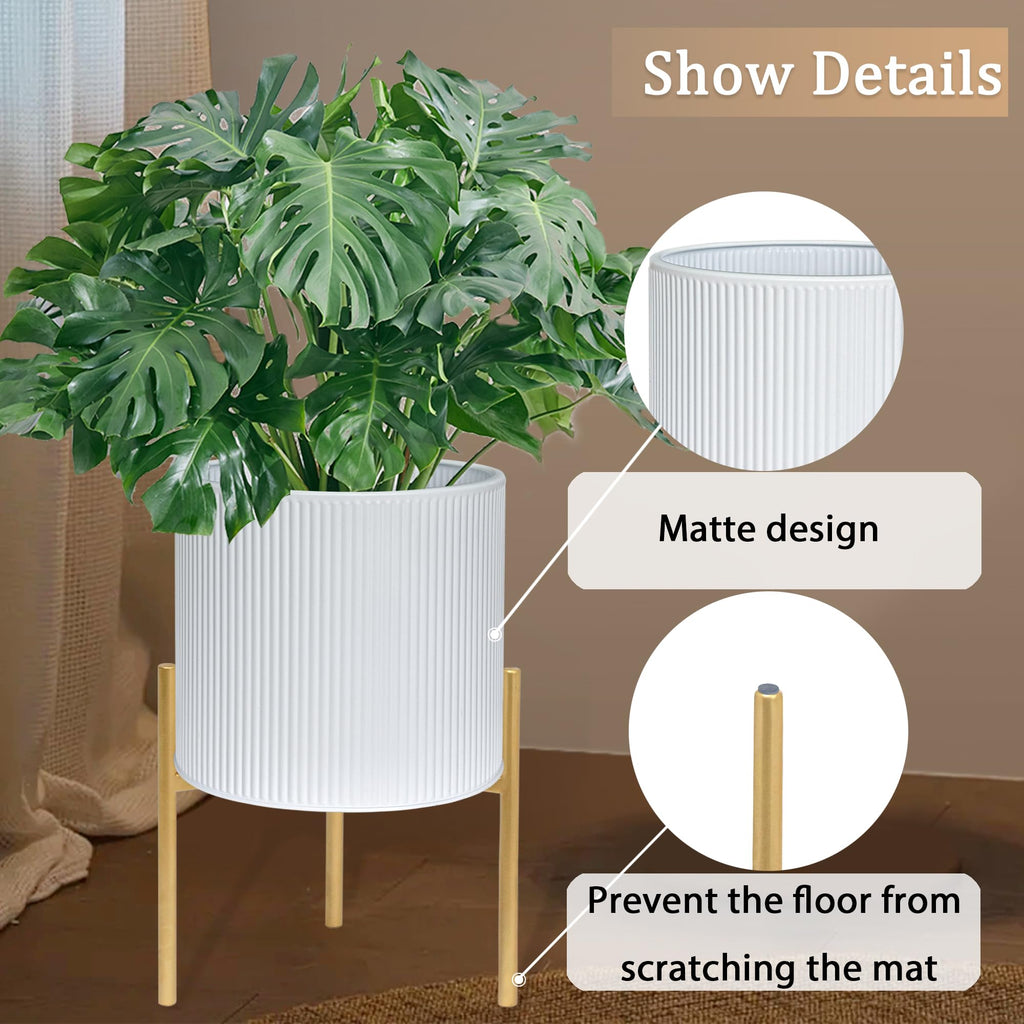 Modern Planter Pots, Set of 2 Round Large Planters with Stand, Decorative Floor Planters, Metal Pots with Drainage