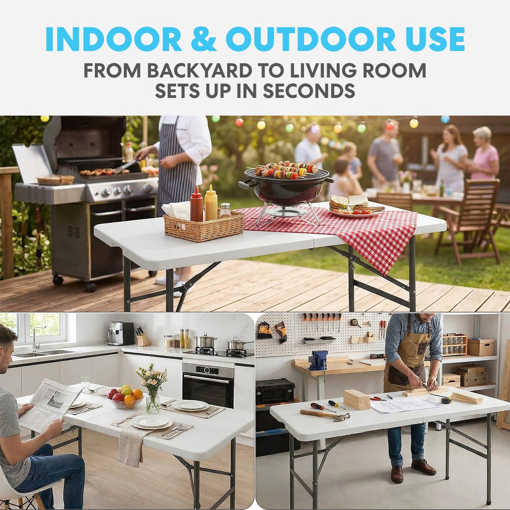 4ft Plastic Folding Table, Indoor Outdoor Heavy Duty Portable/Handle, Lock for Picnic, Party, Camping - White