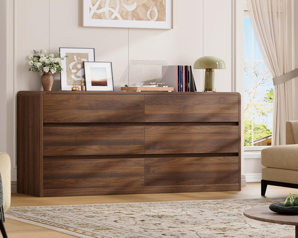 55" Dresser with 6 Drawers, Dressers & Chests of Drawers with Curved Profile Design, 6 Drawer Dresser, Bedroom