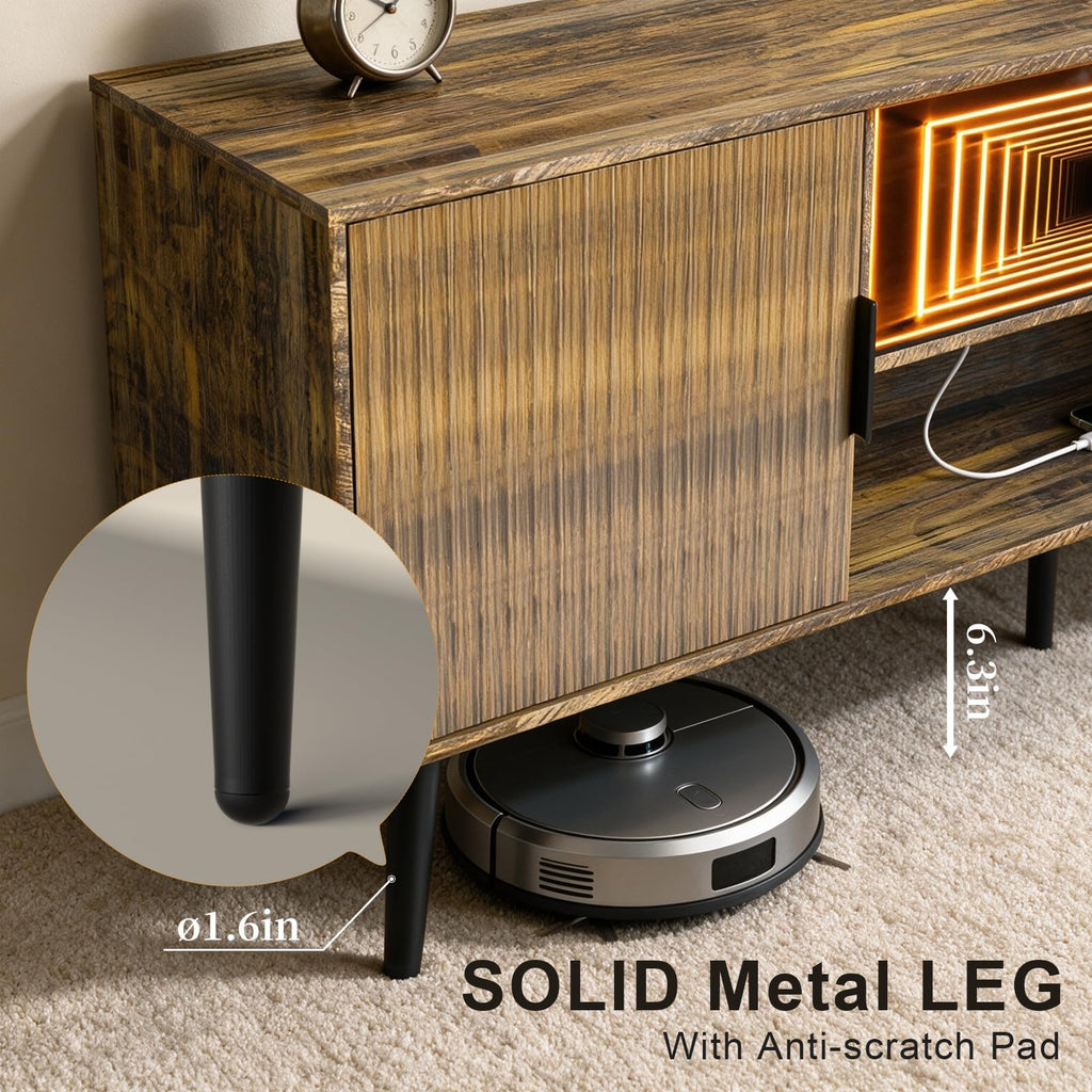 55" Fluted Small Amber TV Stand with Outlet & Fireplace Light