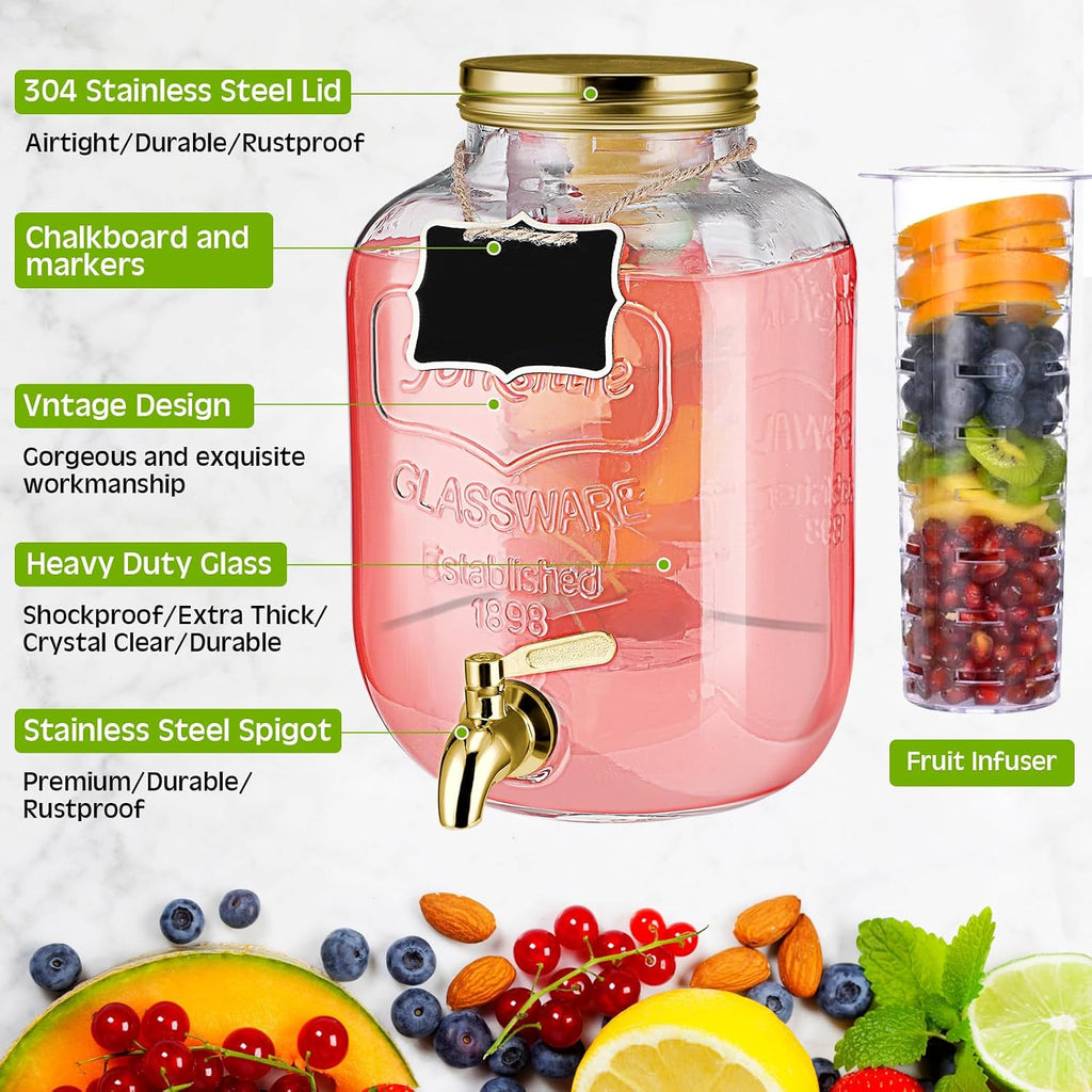 Gallon Glass Drink Dispenser with Stand Ice Cylinder Hanging Chalkboard Signs 18/8 Stainless Steel Spigot - Set of 2