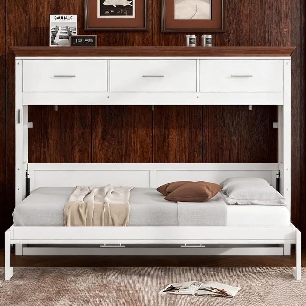 Twin Horizontal Murphy Bed with Storahe Drawers, Can be Folded into a Cabinet for Guest Room, Wood Foldable Wall Bed