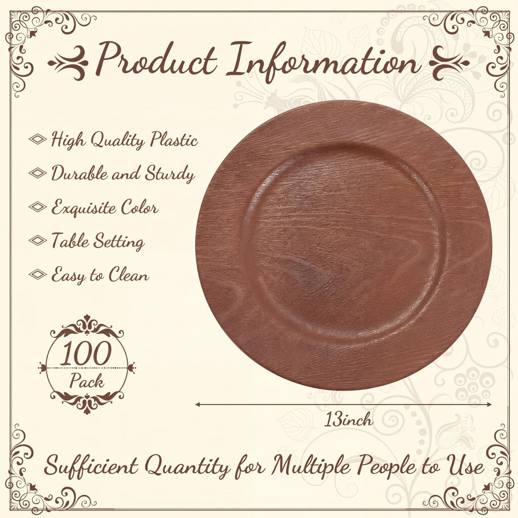 100 Pcs Faux Wood Charger Plates 13 Inch Round Rustic,Brown