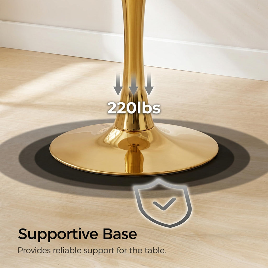 27.6" Marble Round Tulip Table, Mid-Century Modern Style Dining Table with Gold Pedestal Base for 2-4 People