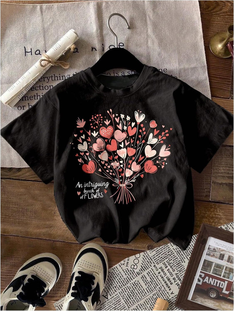 Girl's 4 Packs Graphic Tees Floral Heart T Shirt Cute Tops