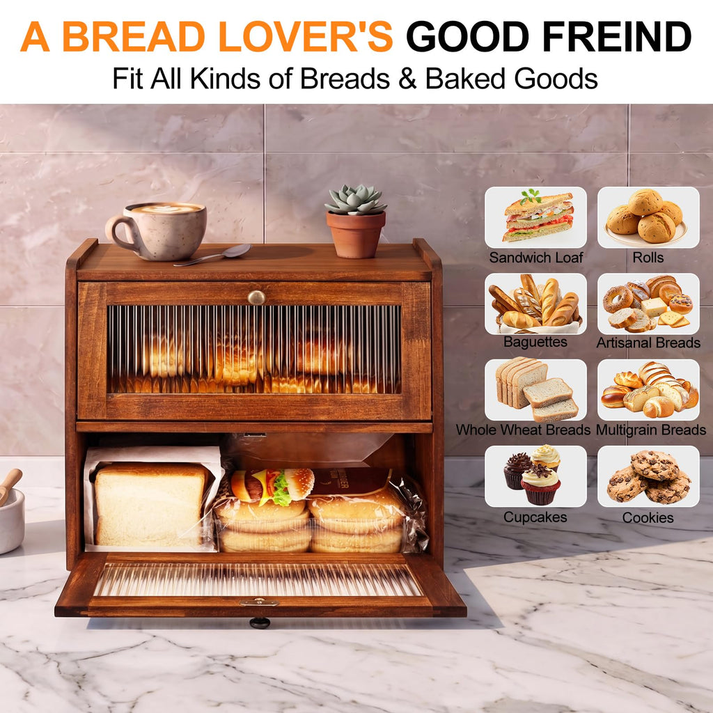 Countertop, Double Layer Large Breadbox, Brown