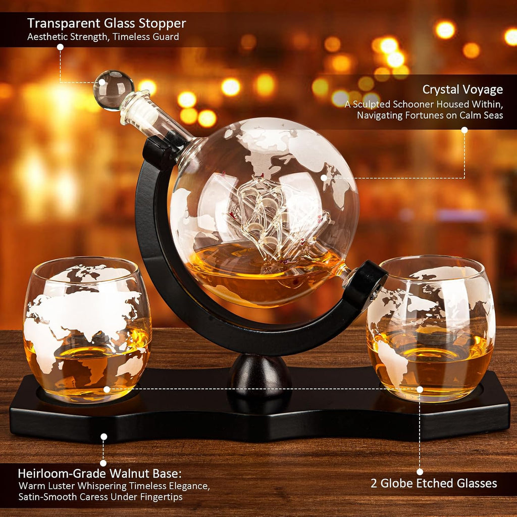 Gifts for Men Dad Husband, Whiskey Decanter Globe Set with 2 Glasses & Walnut Tray-Great Gift Idea for Whiskey