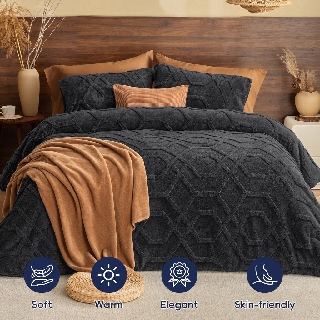 Warm Sherpa Fleece Comforter Set, 3D Tufted Fluffy Dark Grey Bedding for Winter, Soft 3 Pieces Shaggy Bed Set