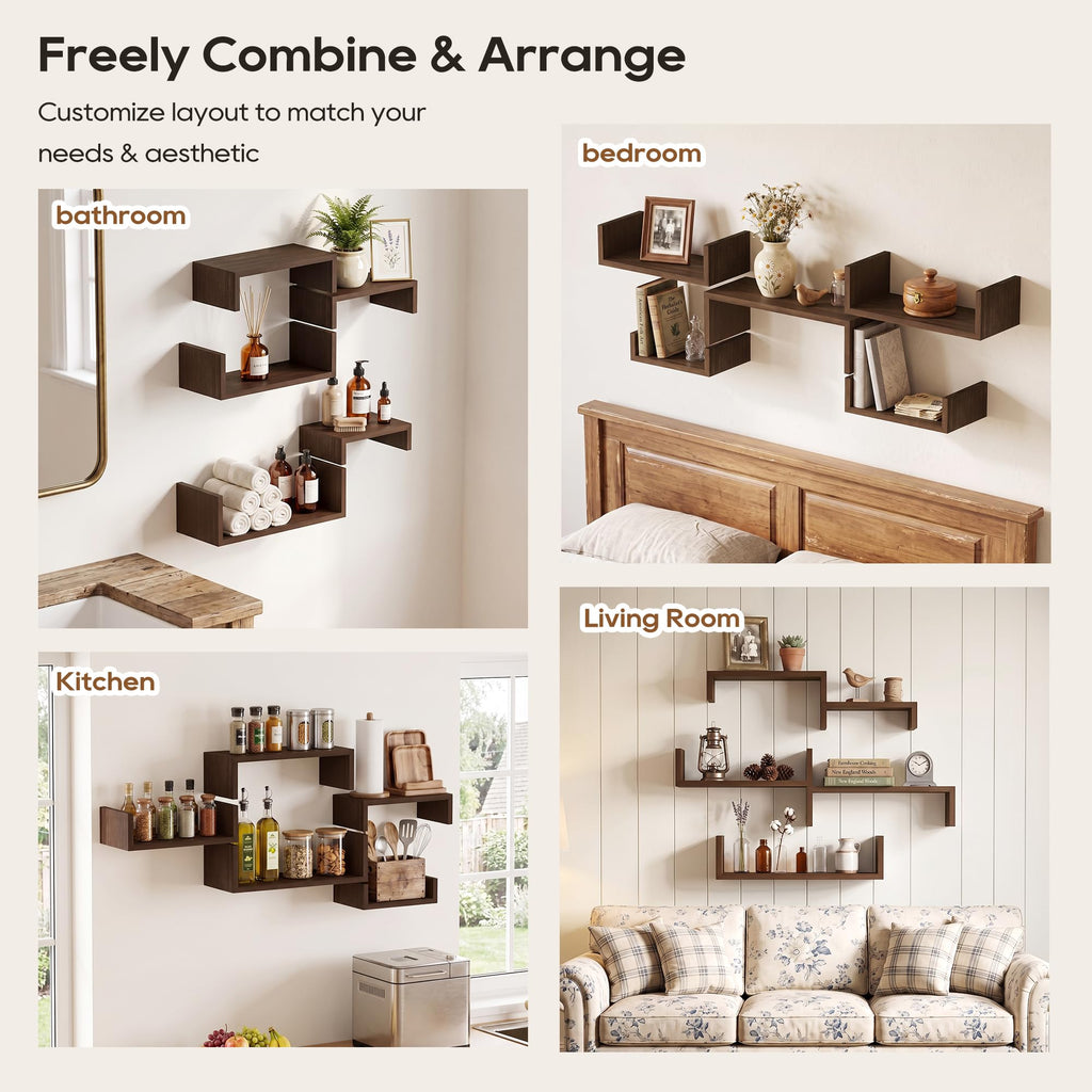Dark Walnut Floating Shelves, 5-Piece Set Wood Wall Storage Unit