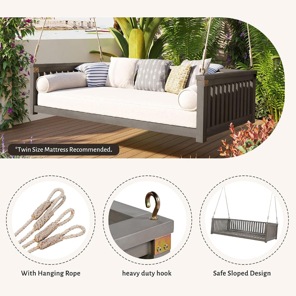 Twin Size Porch Swing Bed, Acacia Wood Hanging Daybed with Ropes for Outdoor Patio, Backyard & Garden, Heavy Duty