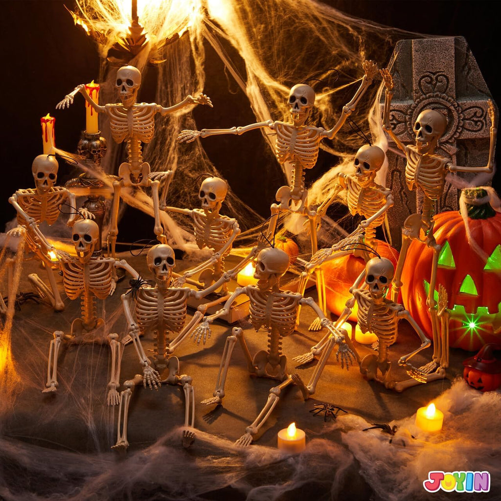 16" Halloween Skeleton Decor, Full Body Movable Stayable Joints Plastic Skeleton, Posable Hanging Skeletons - Set of 12