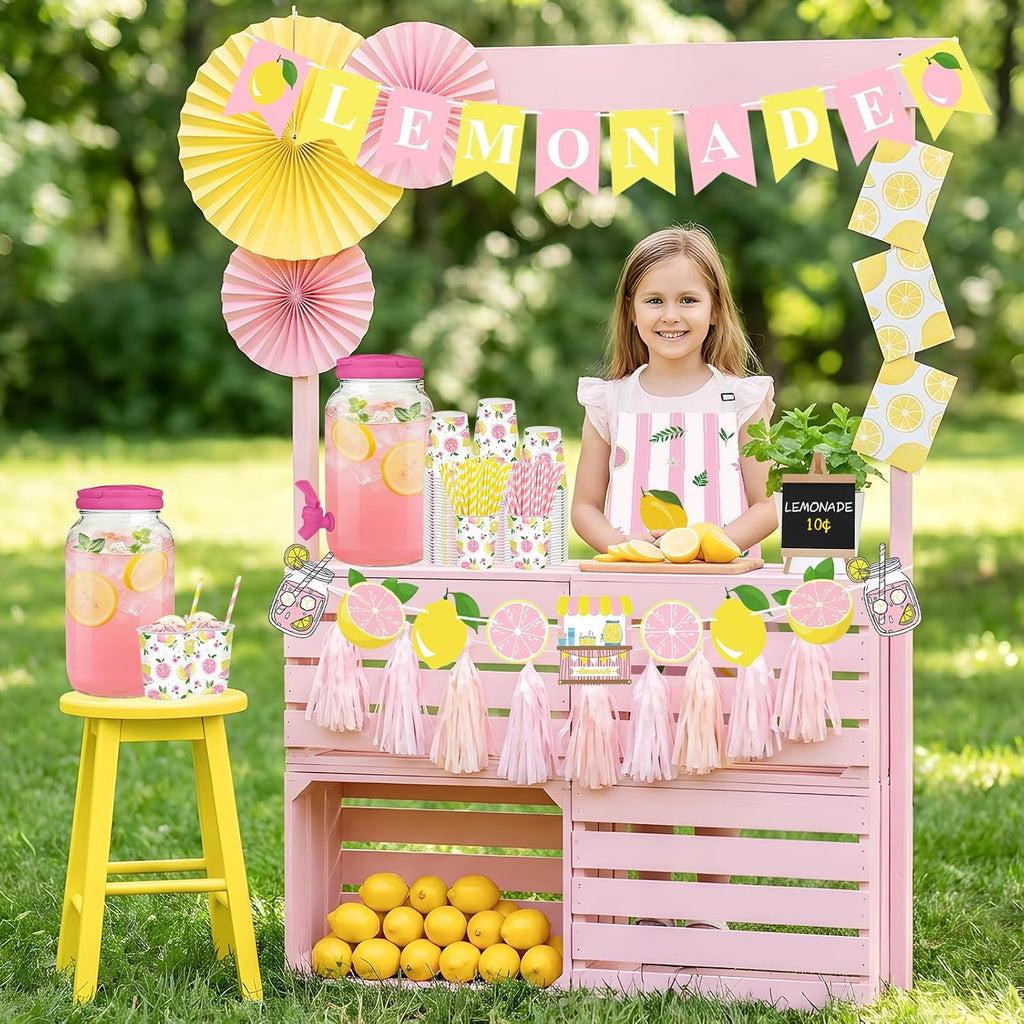 Pink Lemonade Stand Supplies with 1 Gallon Plastic Drink Dispenser - Set of 208