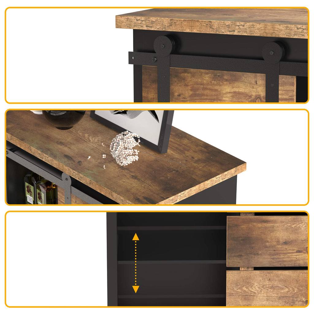 Sideboard Coffee Bar Cabinet, Modern Farmhouse Buffet Station Sliding Barn Door Storage Credenza Console with Slat and