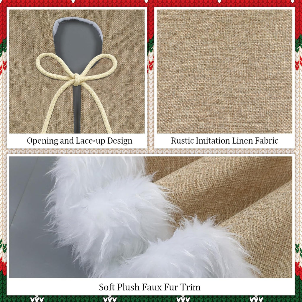 35.4'' Christmas Tree Skirt, Rustic Burlap White Faux Fur Trim Tree Skirt Simple Plain Burlap & Soft Thick Plush