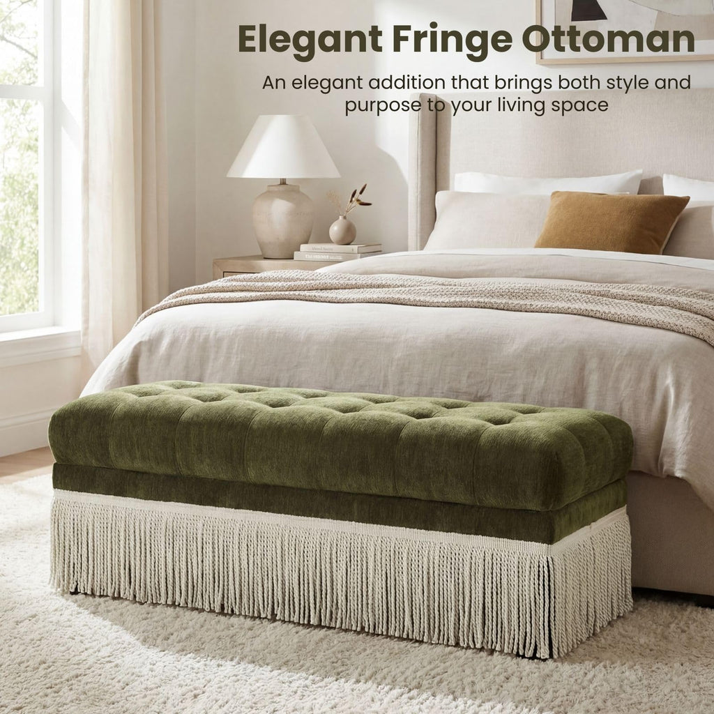 47-Inch Chenille Ottoman Bench Vintage Tufted Fringe Design Green