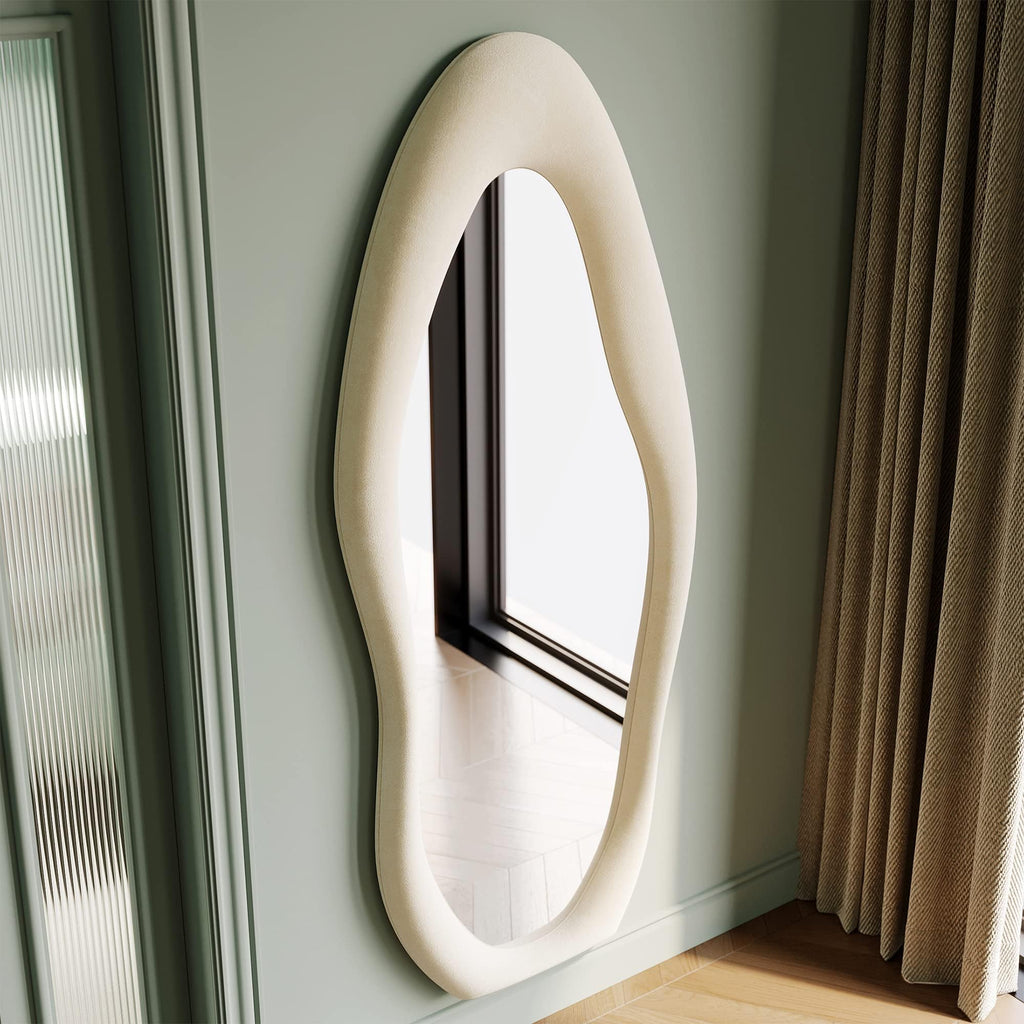 Full Length Mirror, 63" x 24" Wall Mirror, Flannel Wrapped Wooden Frame Full Body Mirror, Irregular Wavy Mirror