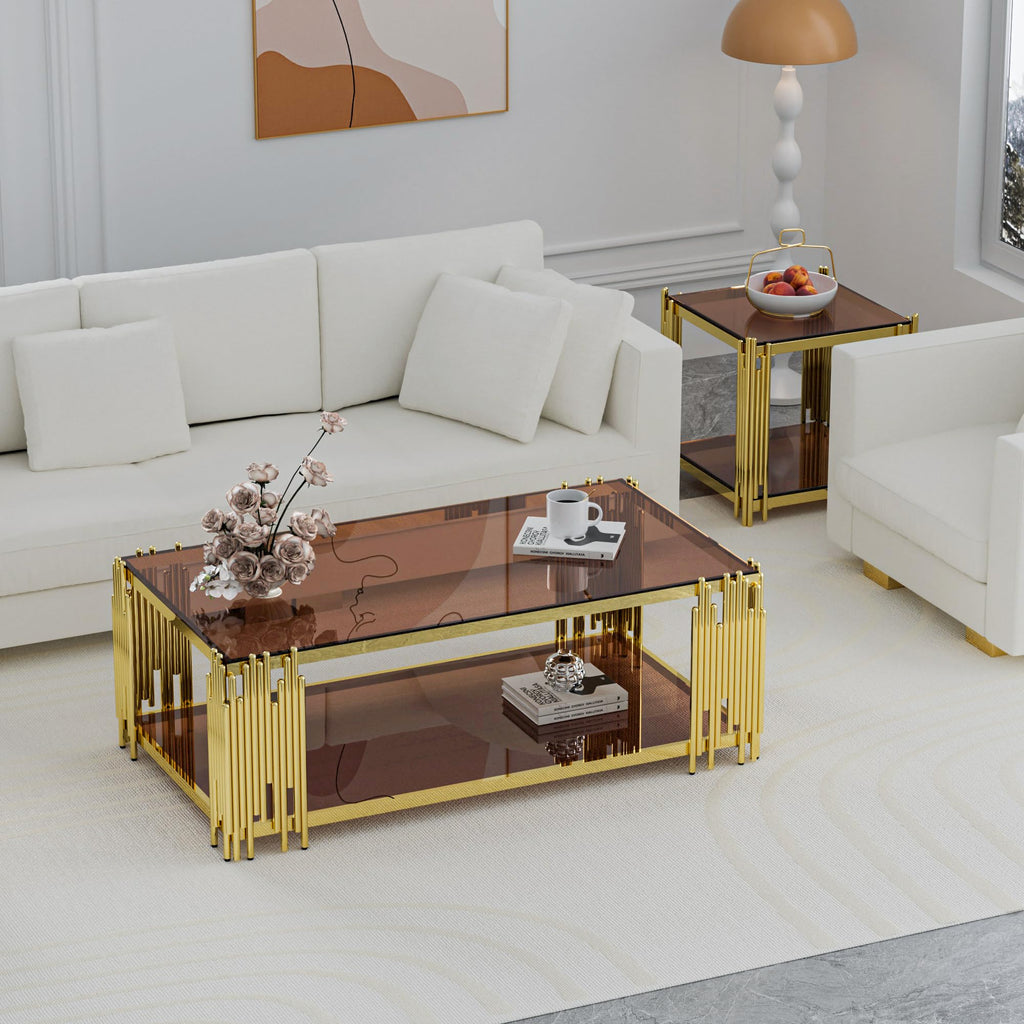 43" Luxury Gold Coffee Table with Brown Glass Tabletop & Gold Base