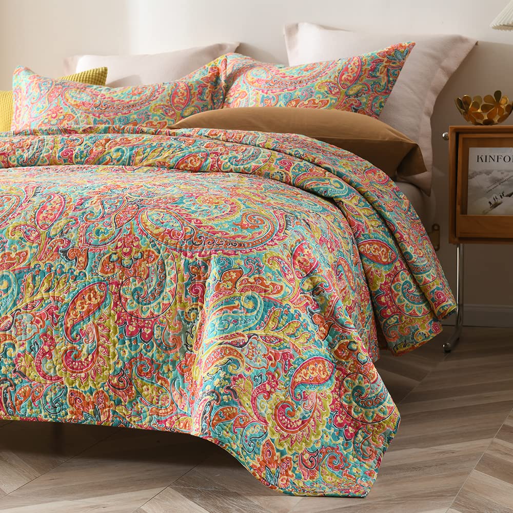 Paisley Quilt Sets, Soft Cotton Bedspread with 2 Shams, Lightweight Reversible Quilted Coverlet All Season