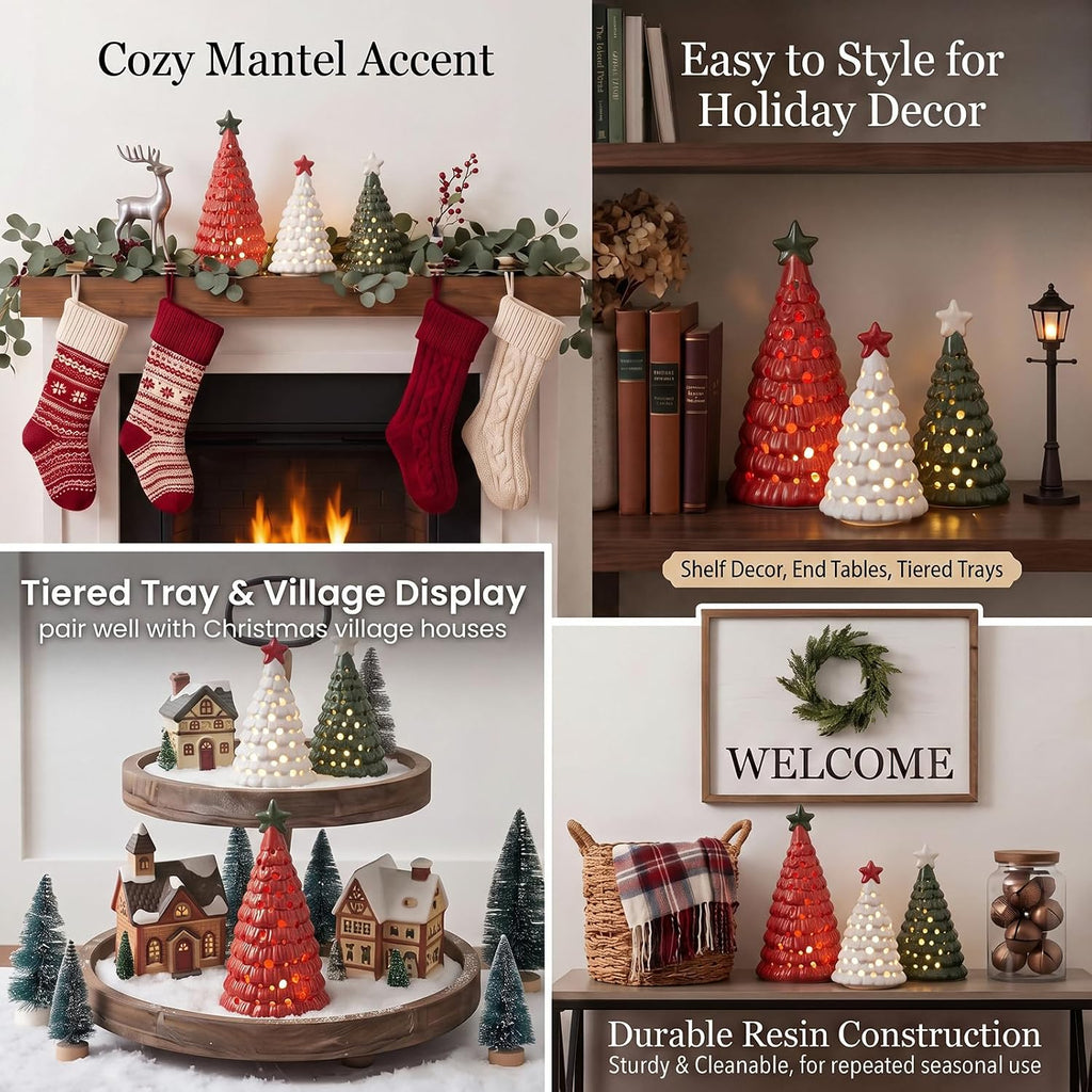 3 Pcs Mini Lighted Ceramic Christmas Tree Figurines, Red White Green