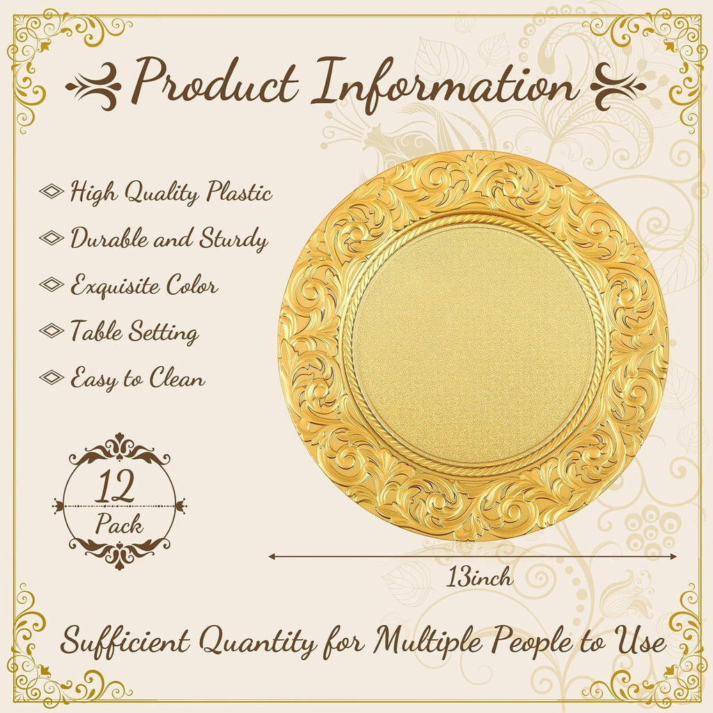 Gold Charger Plates Bulk 13'' Antique Plastic Chargers - Set of 12