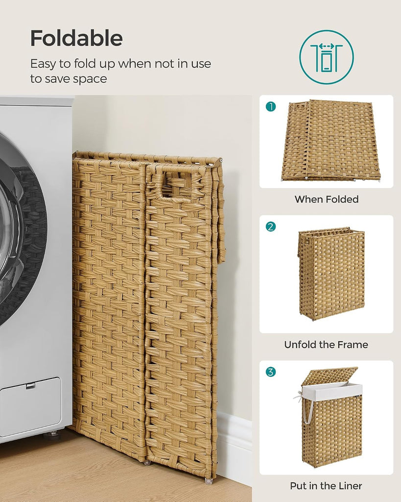 Slim Laundry Hamper with Lid, 14.5 Gallon (55L) Rattan Clothes Laundry Basket with Lid and Handles, Foldable