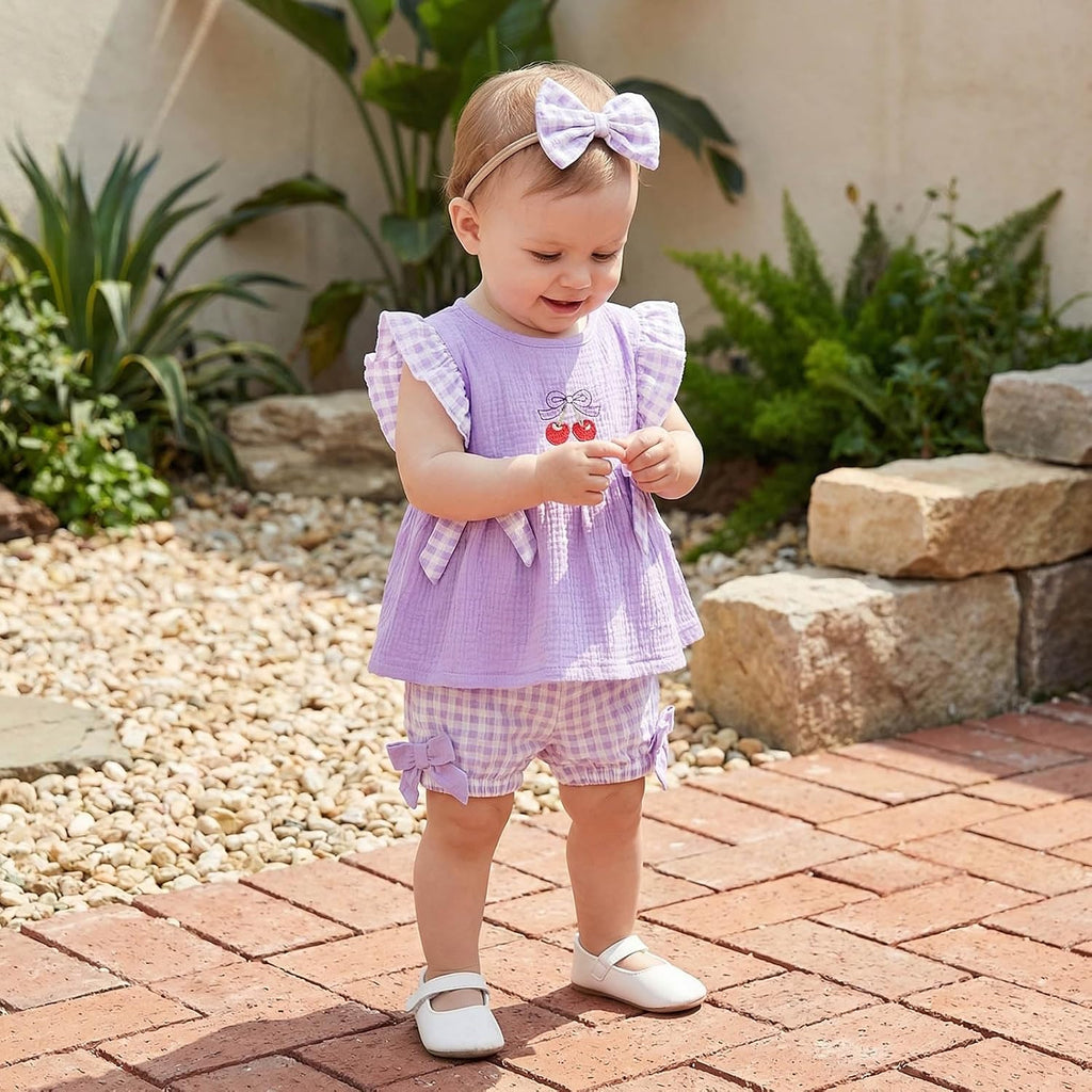 Toddler Baby Girl Outfits Plaid Flying Sleeve Ruffle Tops Shorts Sets and Headband Infant Baby Girl Summer Clothes