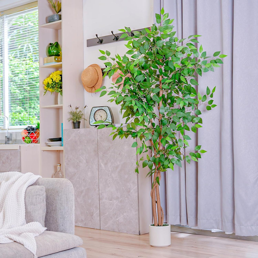 6FT Artificial Ficus Tree with White Planter, Realistic Faux Silk Indoor Outdoor Plant Living Room, Porch, Garden
