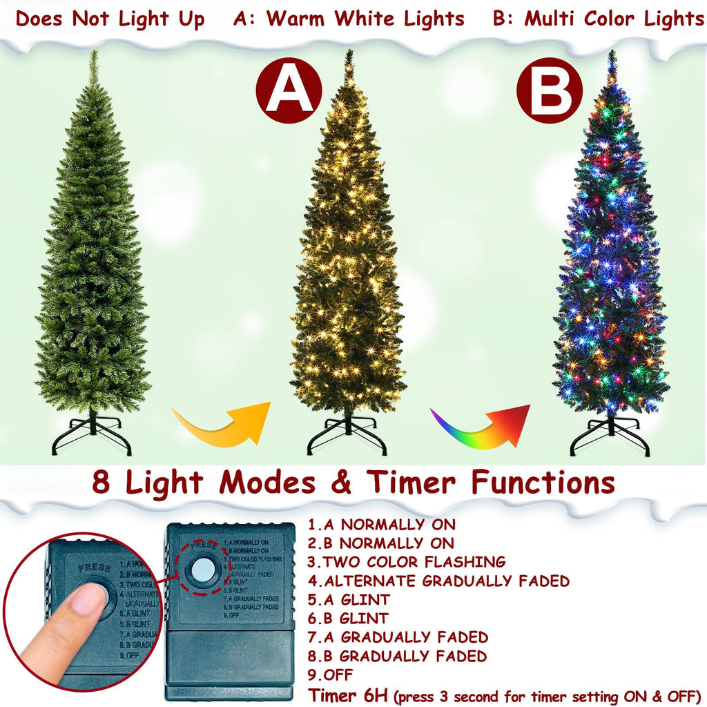 Dual Color Change 6.5 Ft Prelit Pencil Christmas Tree 8 Modes Timer Warm White & Multicolor Lights 826 Thick Branch
