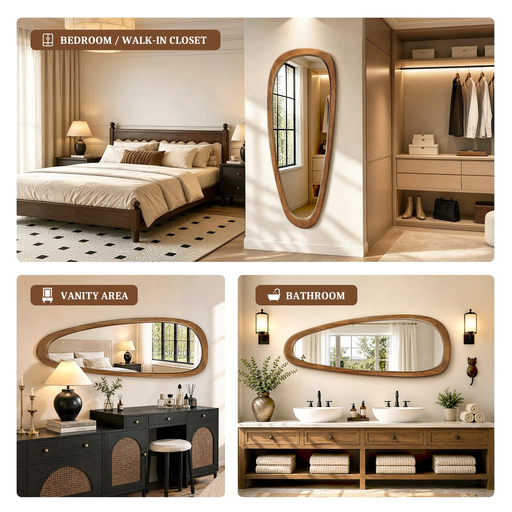 60"x22" Solid Wood Irregular Mirror Full Length(Natural Wood)