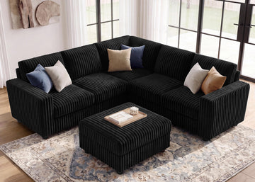 Corduroy Sectional Sofa with Ottoman, 6 Seat L Shaped Couch, Black