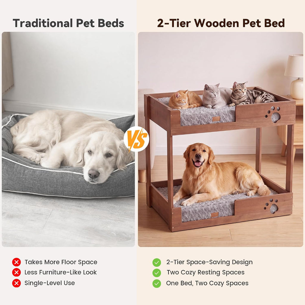 Wooden Bunk Dog Bed with 2 Memory Foam Beds