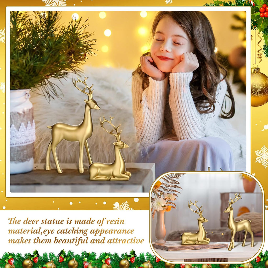 8 Pcs Christmas Reindeer Figurines Sitting Standing Statues, Gold