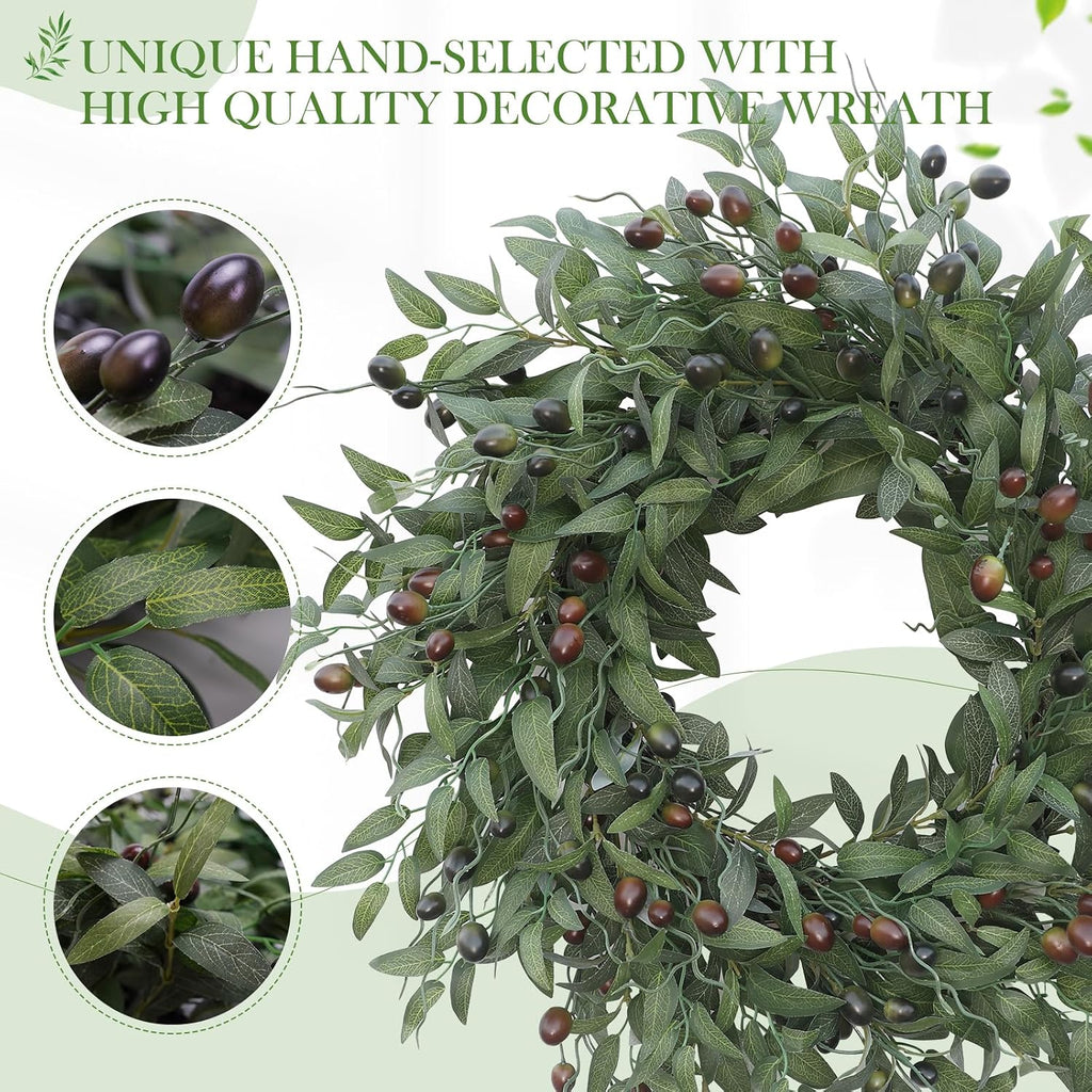 Olive Wreath 26 Inch Wreaths for Front Door with Purely Handmade Realistic Dense Olive Leaf Olive Berry, Elegant Home