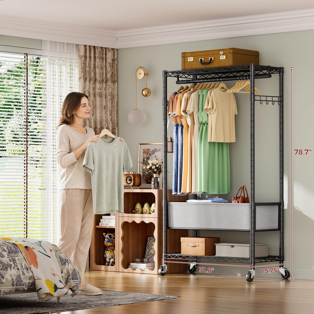 Heavy Duty Rolling Clothes Rack Wheels Portable Metal Garment Rack