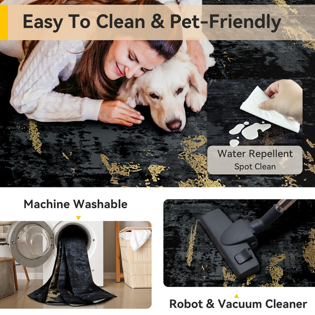 Washable 9'x12' Abstract Area Rug Black Gold