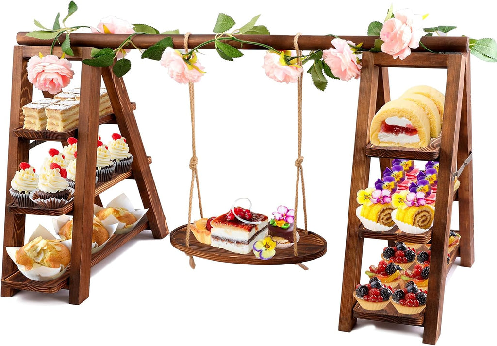 3 Tier Wooden Cupcake Stand with Swing and Flower Decoration | Large Dessert Stands with Serving Tray, Removable