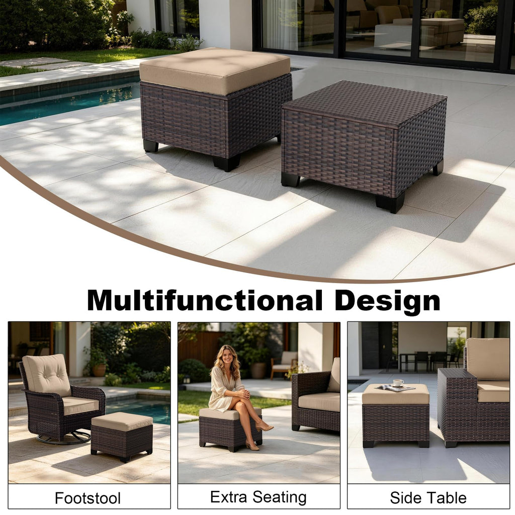 2 Pieces Wicker Ottomans, All Weather Rattan Patio Ottoman with Removable Cushion, Outdoor Footstools, Additional