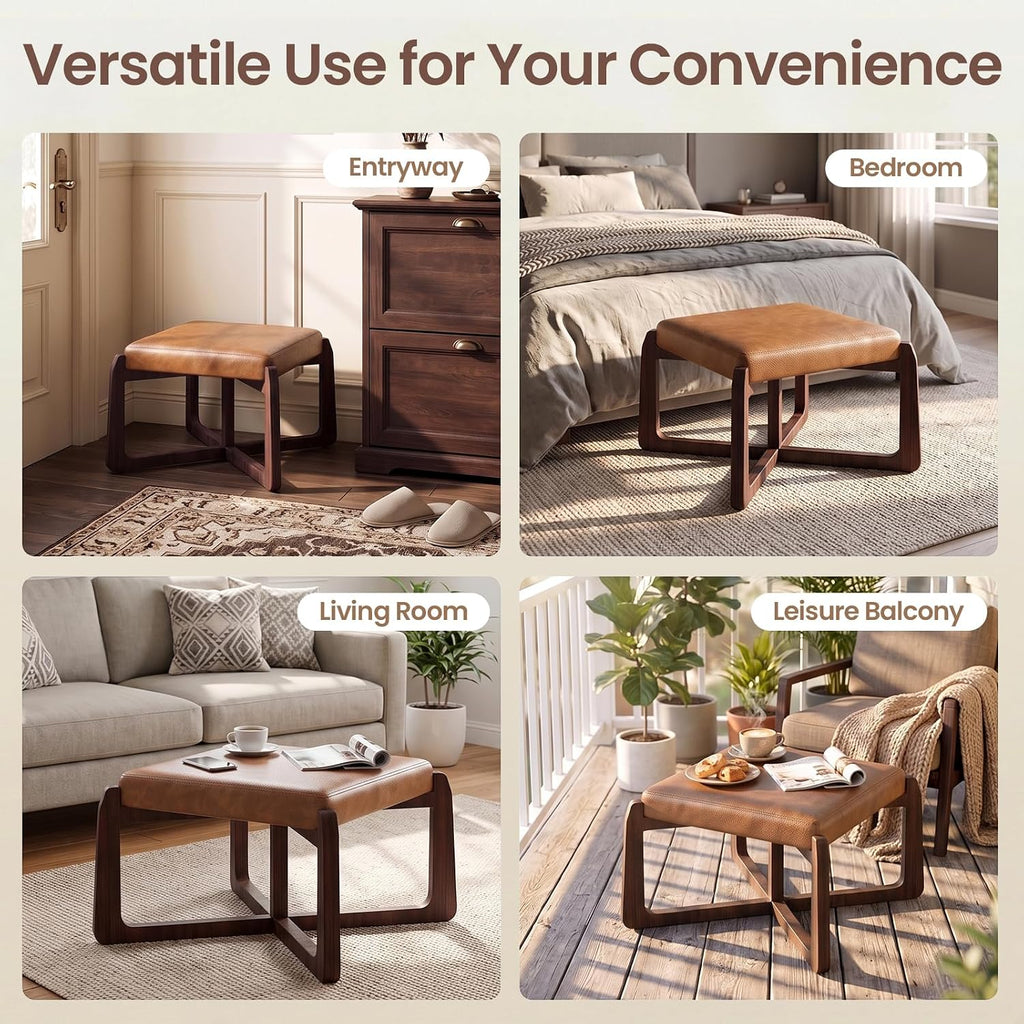 Faux Leather Square Coffee Table Ottoman,24" Coffee Table Ottoman,Ash Wood Living Room Table (Brown)