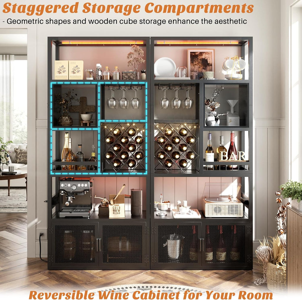 82.6" Tall Bar Cabinet with Power Outlets & LED Lights, Liquor Cabinet Bar , Reversible Coffee Station Wine Cabinet