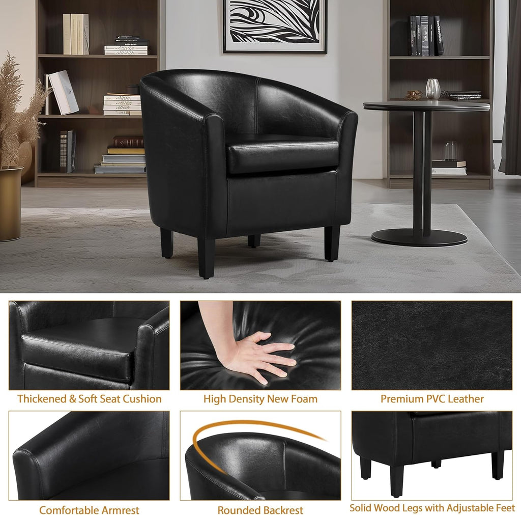 Accent Chairs, Faux Leather Barrel Armchairs Black - Set of 2
