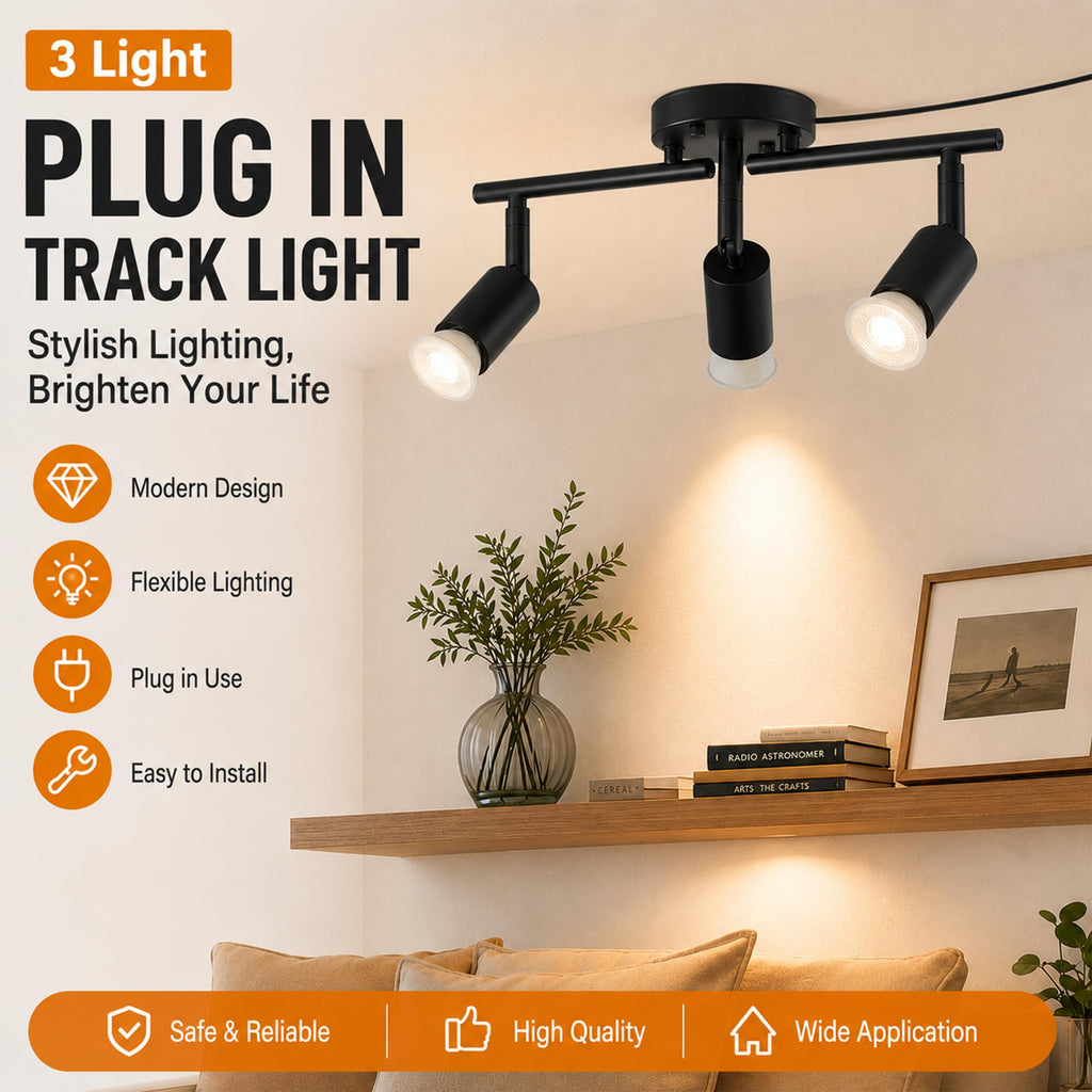 Plug in Track Lighting,Plug in Ceiling Light Fixture,Balck 3 Light Track Light with 16.4' Long Cord,3 Way Ceiling