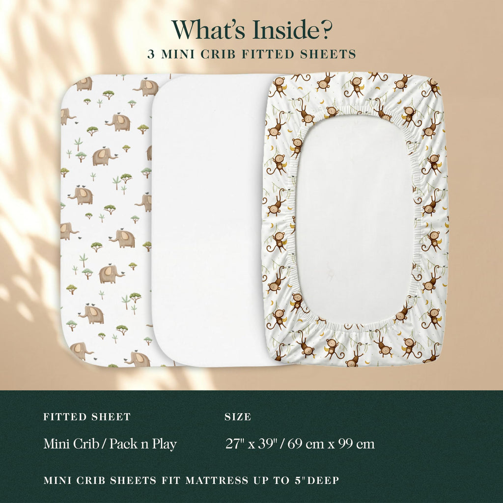 100% Organic Cotton Mini Crib Sheets, 27" x 39", Safari, 3-Pack